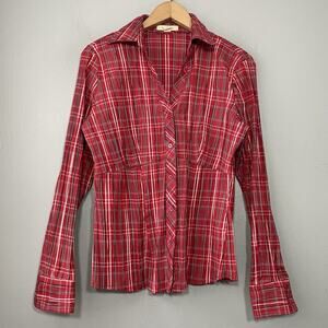 Red Plaid Button Up Shirt Size Small Babydoll Crinkle Preppy Country Western